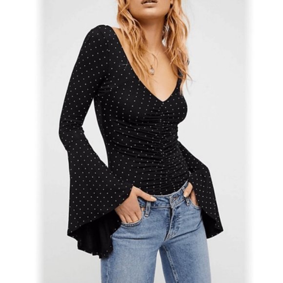 Free People Tops - Free People What A Babe Top Long Flare Bell Sleeves Ruching Boho 70s Funky Retro